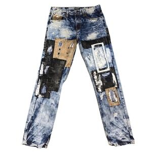 Black Premium Mens Slim Straight Acid Wash Patchwork Distressed Jeans 32x34